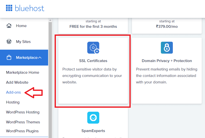 Single domain SSL bluehost