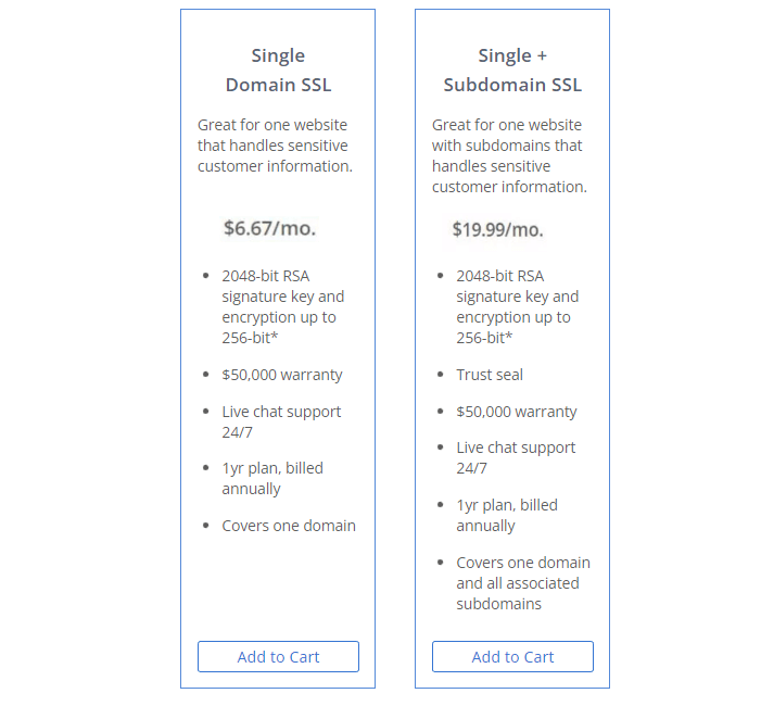 Single domain SSL Bluehost pricing